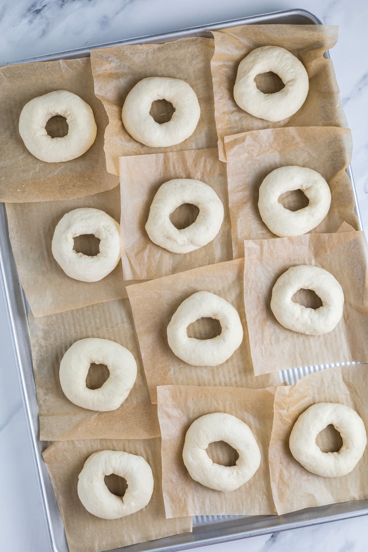 Shaped sourdough bagels proofing on individual parchment squares before boiling.
