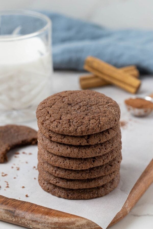 Tall stack of sourdough chocolate snickerdoodle cookies ready to serve.