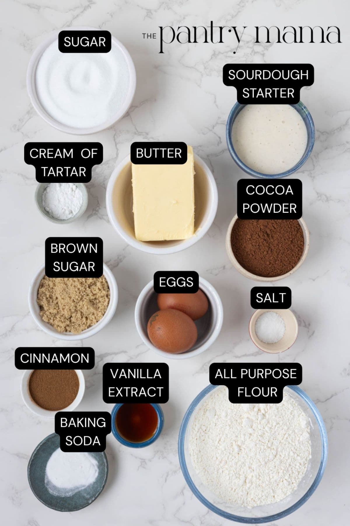 Labeled ingredients to make sourdough chocolate snickerdoodle cookies.