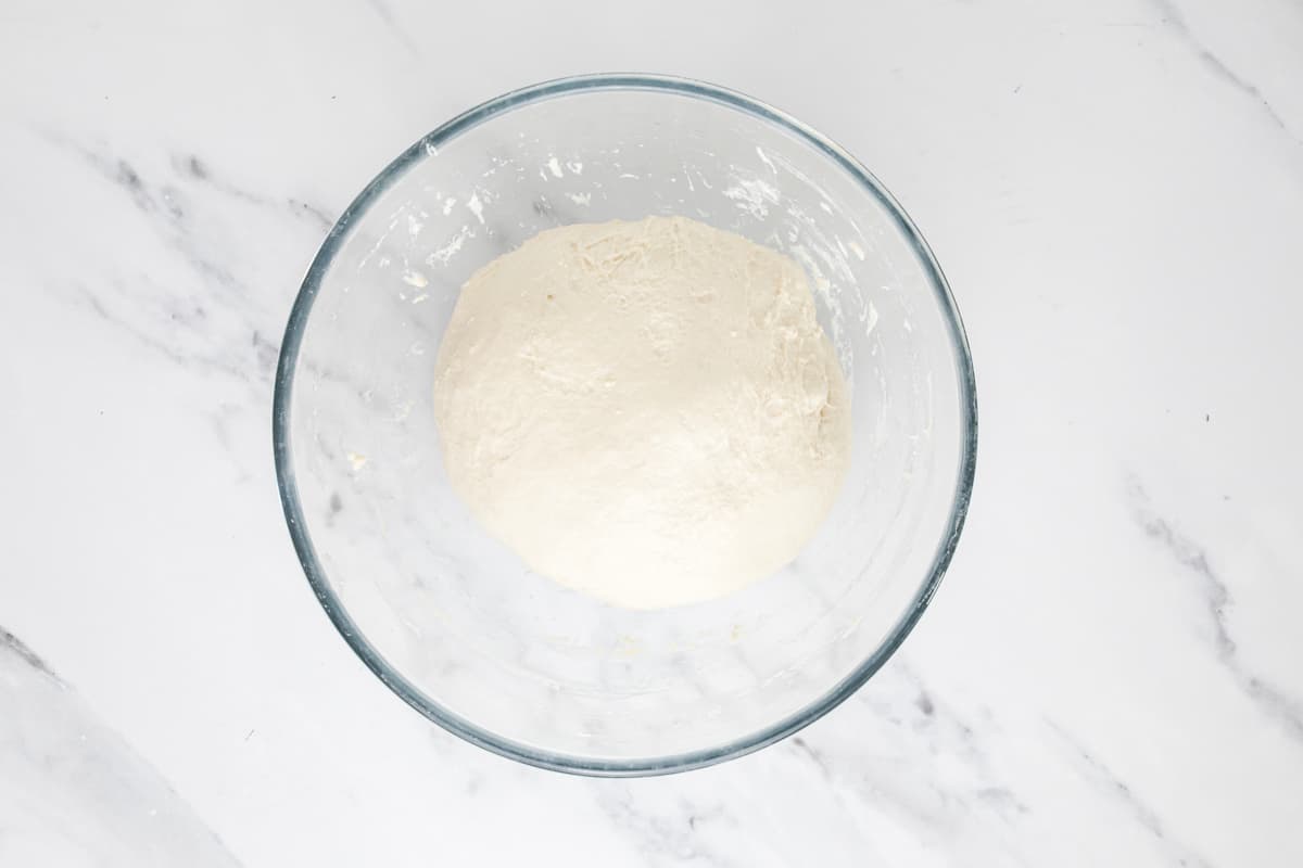 Smooth sourdough focaccia dough after bulk fermentation and ready to divide.