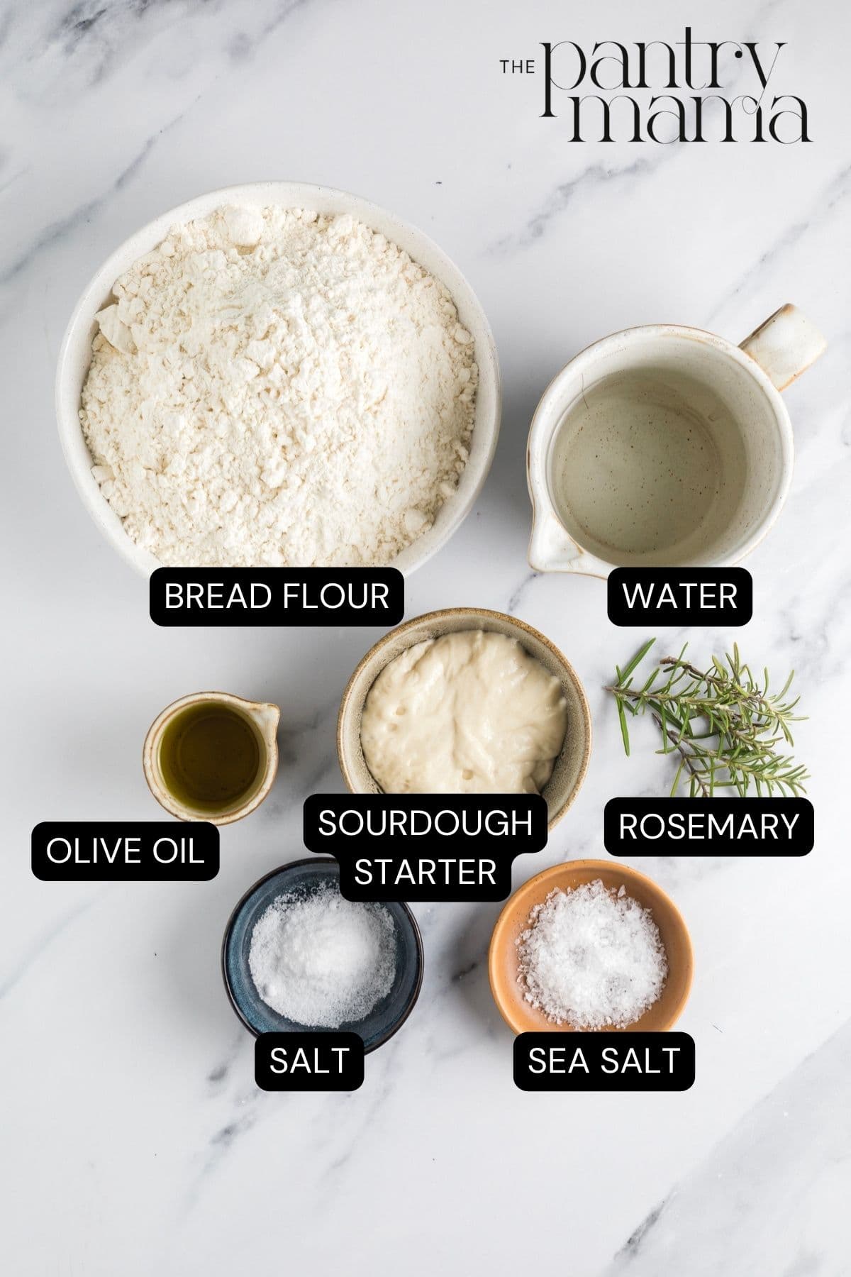 labeled ingredients to make sourdough focaccia muffins.