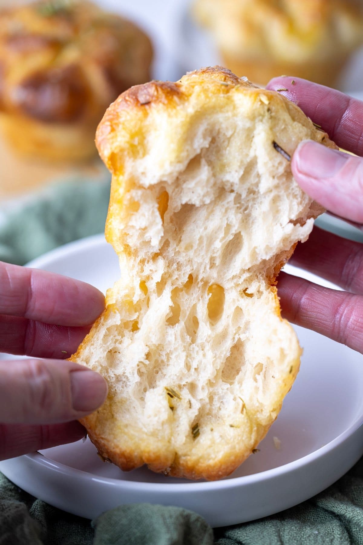 Soft and airy interior of a sourdough focaccia muffin pulled apart to show the crumb.