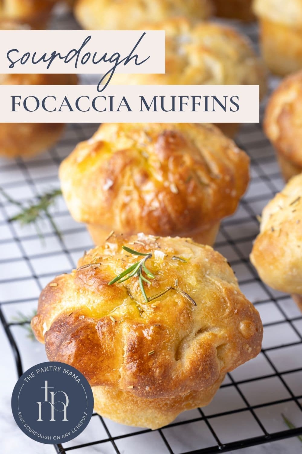 Pinterest graphic featuring homemade sourdough focaccia muffins cooling on a wire rack.