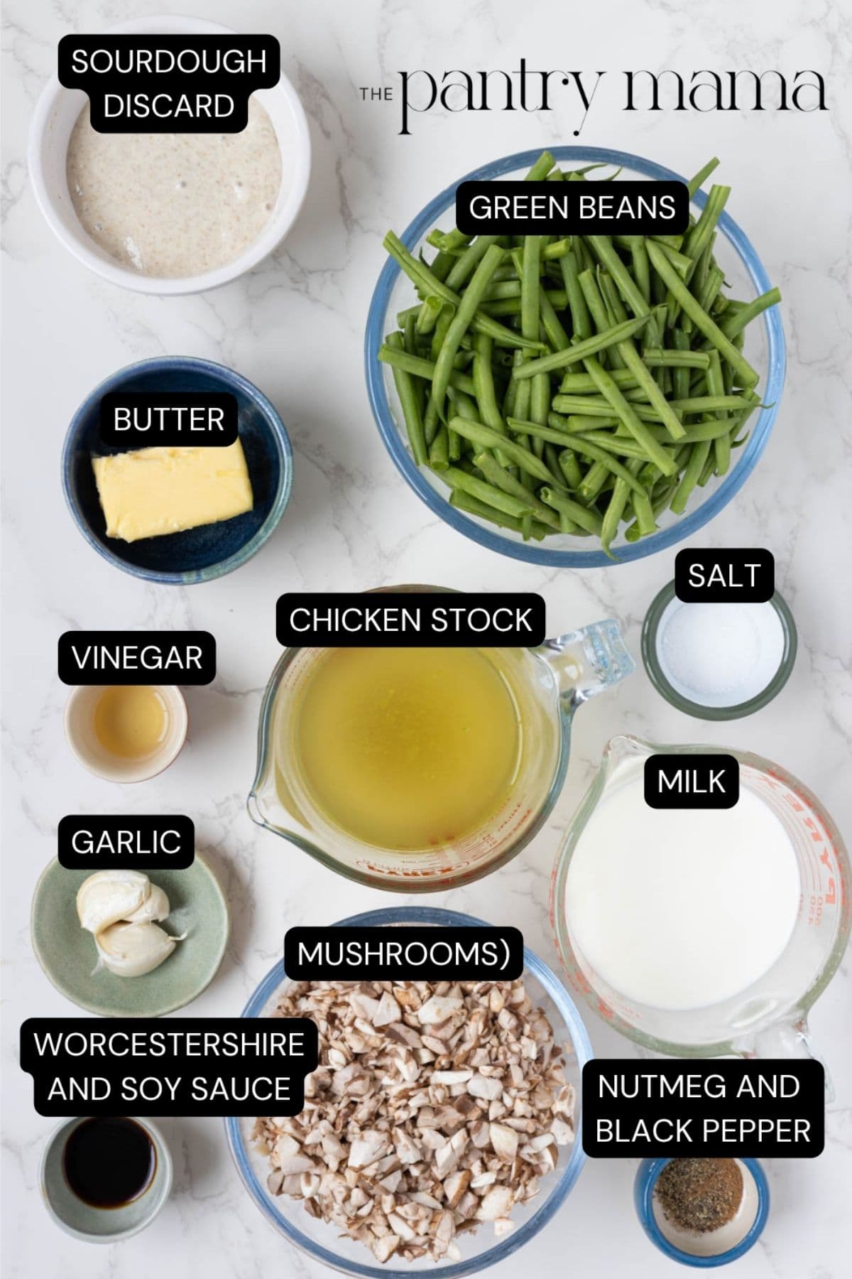 Labeled ingredients for the casserole to make sourdough green bean casserole.