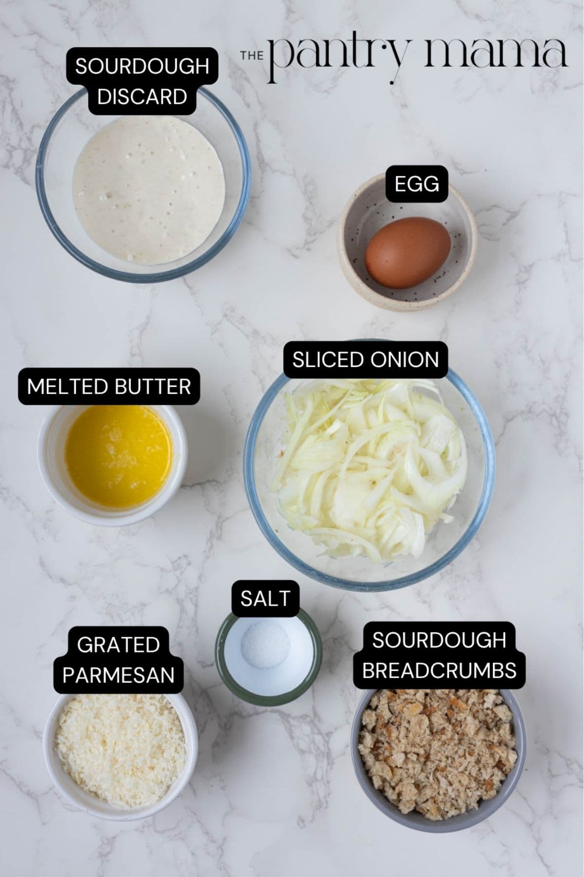 Labeled ingredients to make the onion topping for a sourdough green bean casserole.