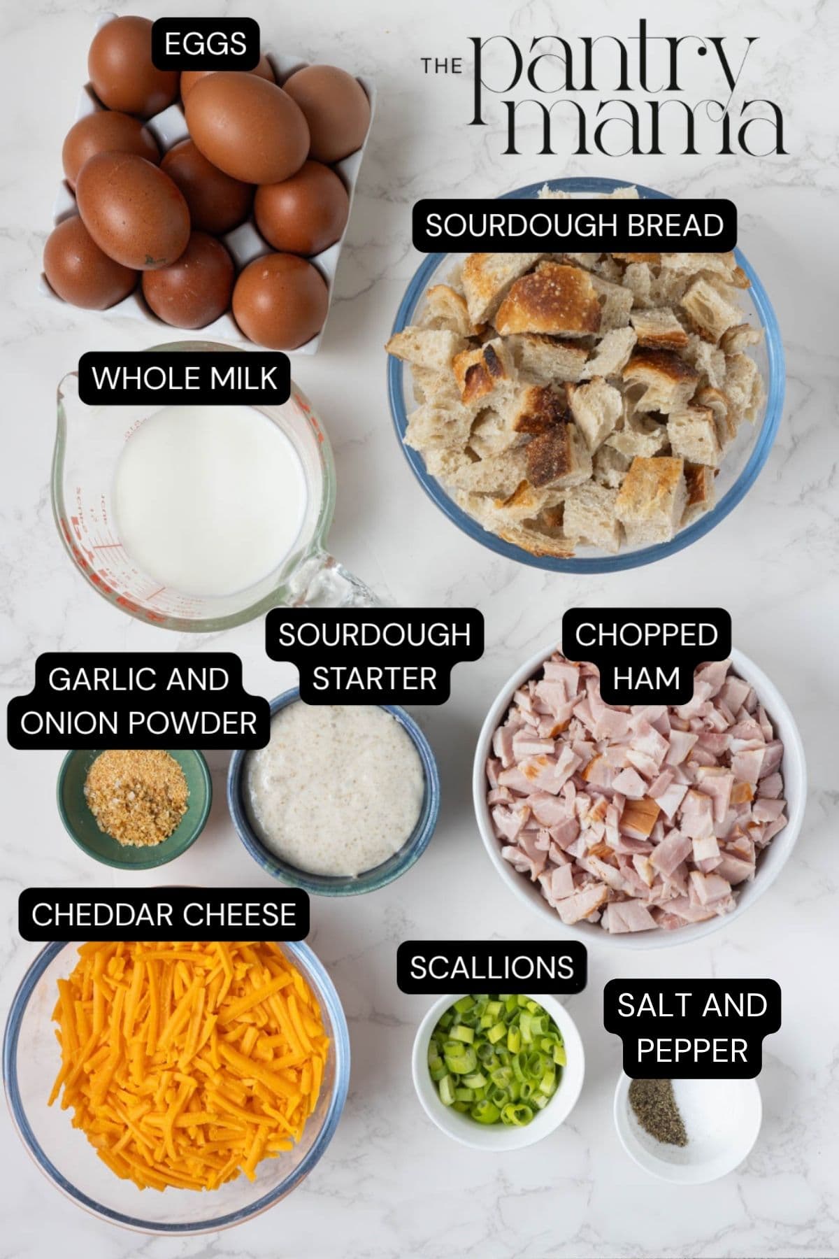 Labeled ingredients to make a sourdough ham and cheese strata.