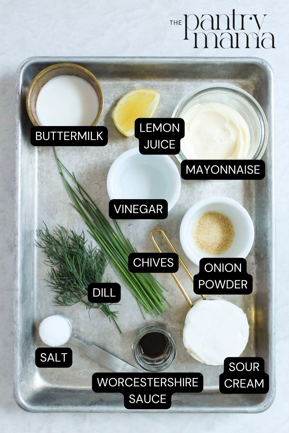Labeled ingredients to make homemade ranch dressing.