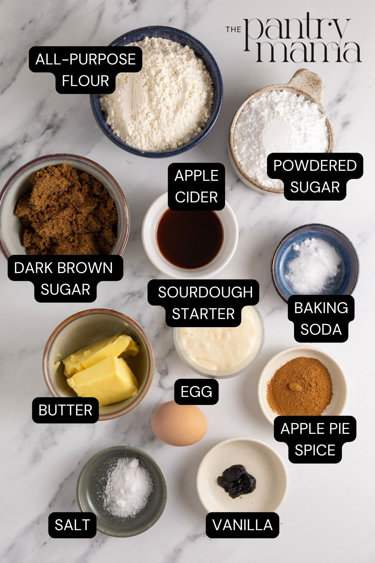 Flat lay of ingredients necessary to create sourdough apple cider cookies.