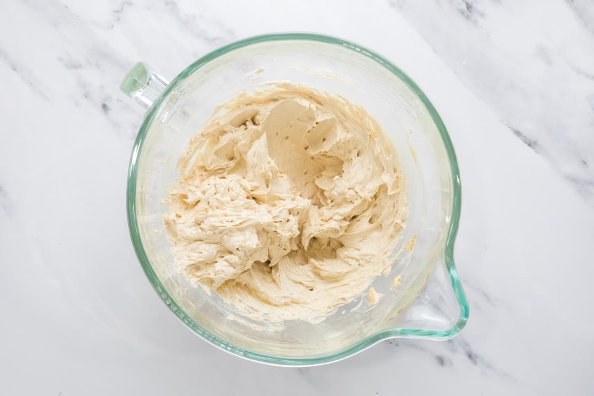 Butter and sugar creamed together for sourdough chocolate walnut cookie dough.