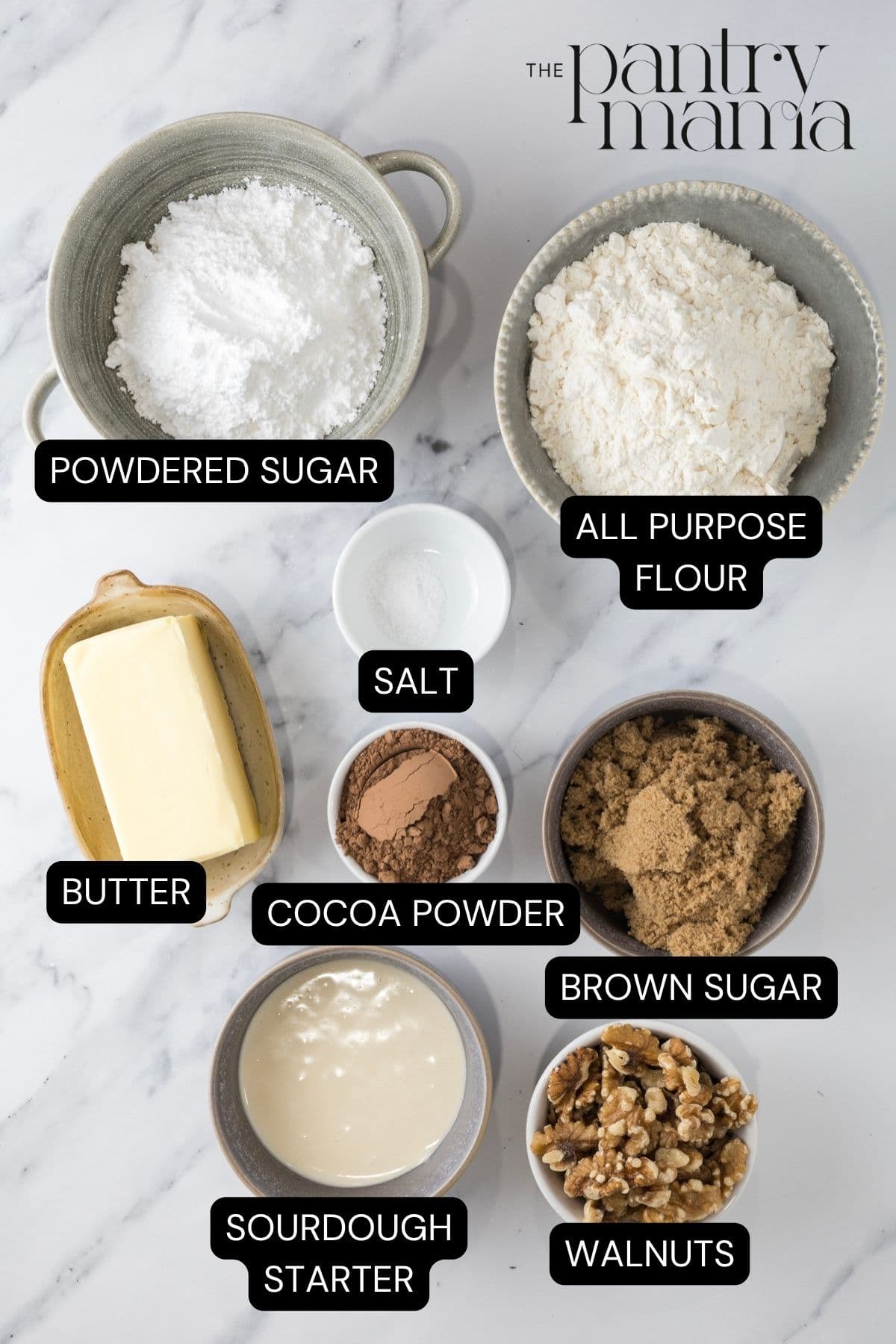 Labeled ingredients to make sourdough chocolate walnut cookies.