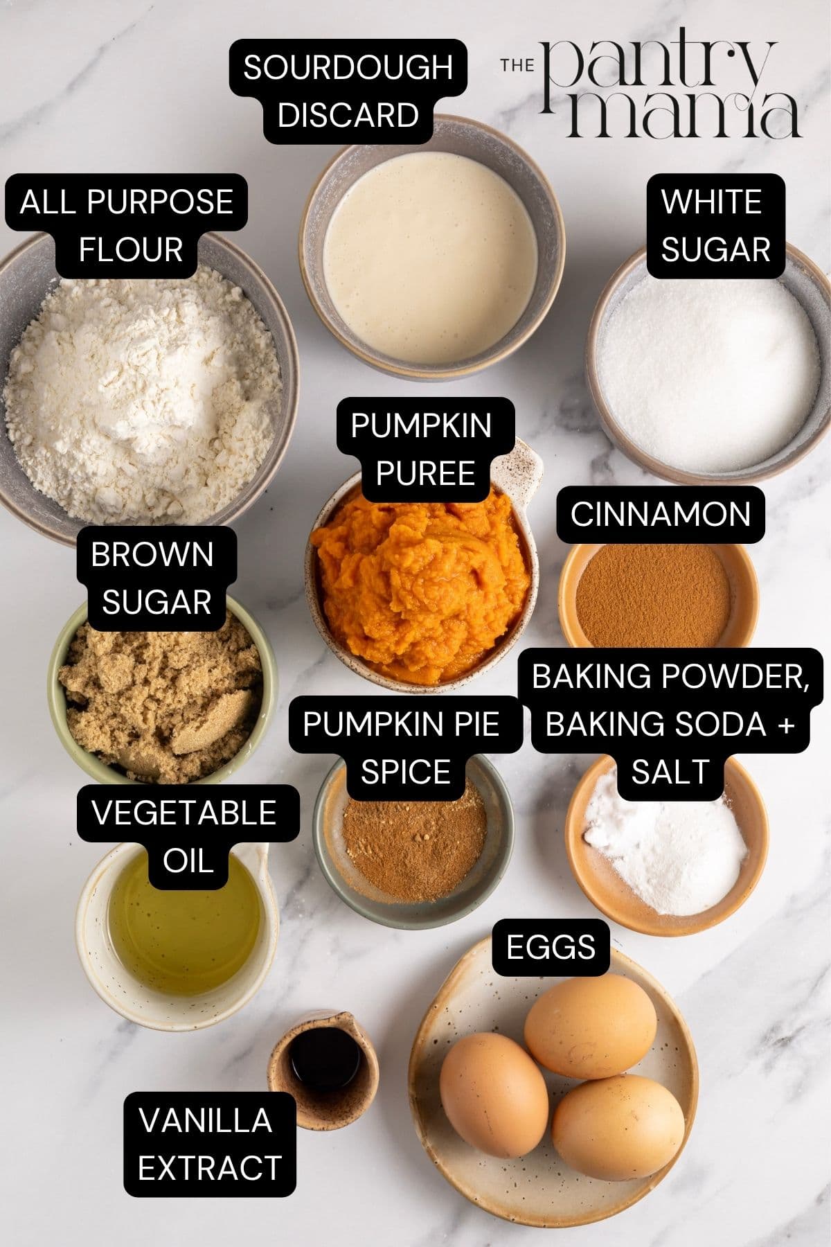 A flat lay image of ingredients necessary to make sourdough discard pumpkin bread.