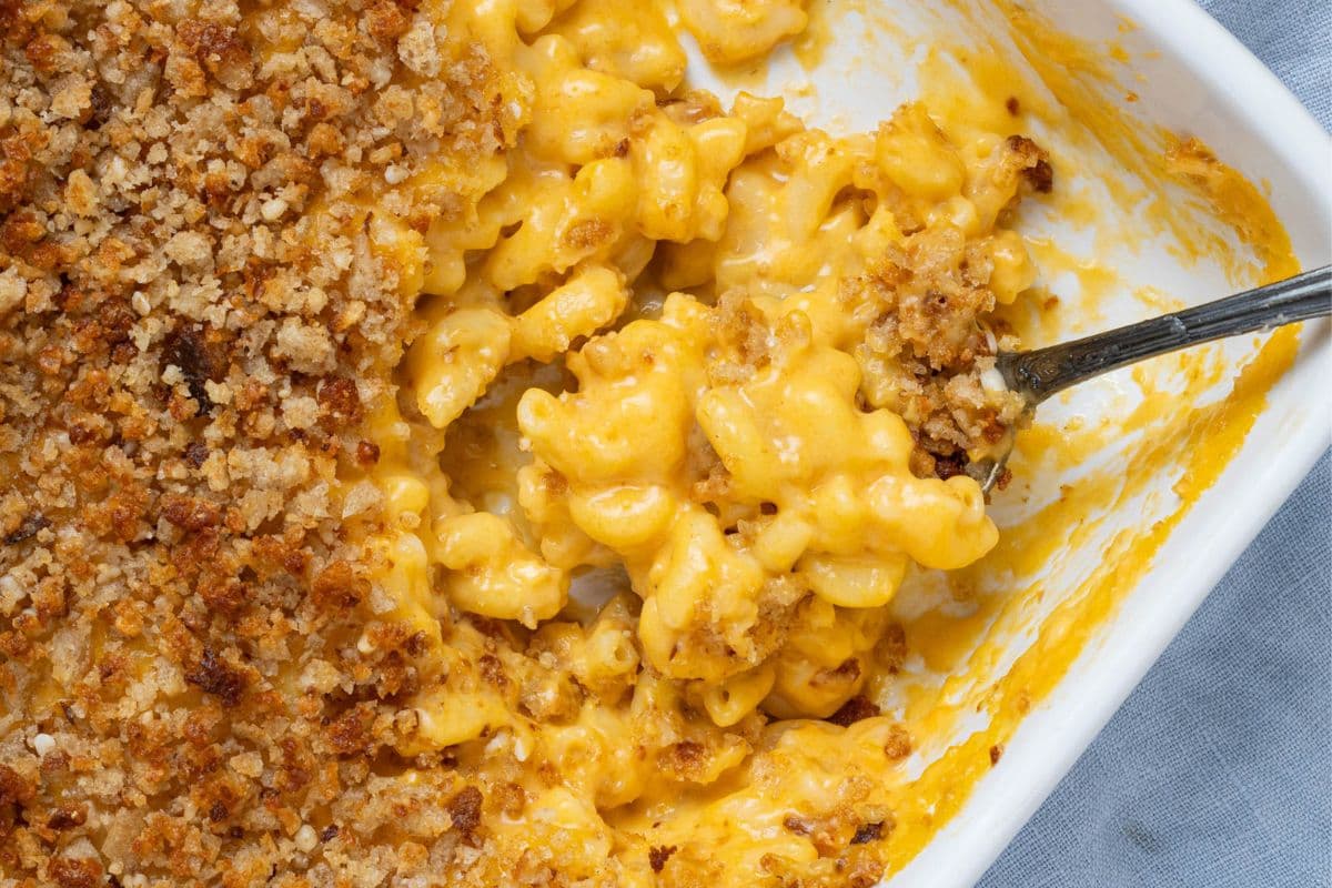 A close up image of baked sourdough mac and cheese that has been served and has a spoon dug into it to show the creamy cheesy texture of the sauce.