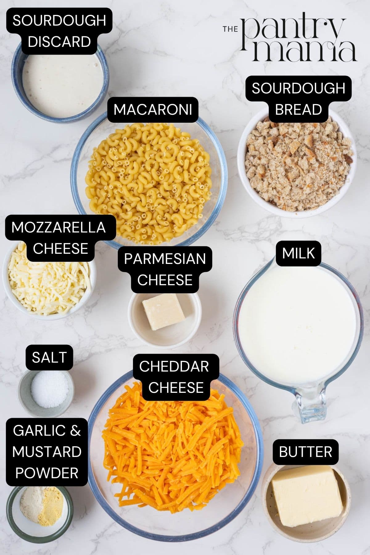 Flat lay of ingredients necessary to make sourdough mac and cheese.