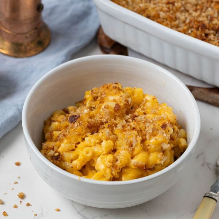A close up photo of a white bowl filled with a serving of sourdough macaroni and cheese.