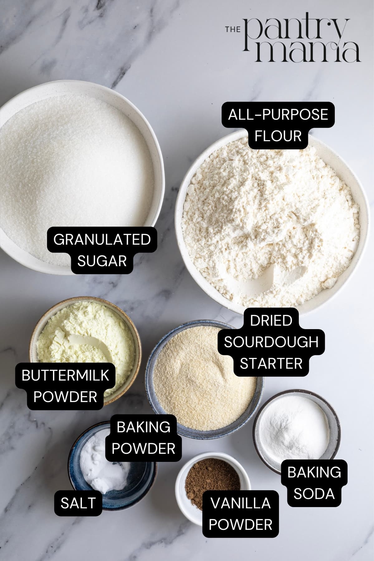 Flat lay image showing the ingredients necessary for making dry sourdough muffin mix.