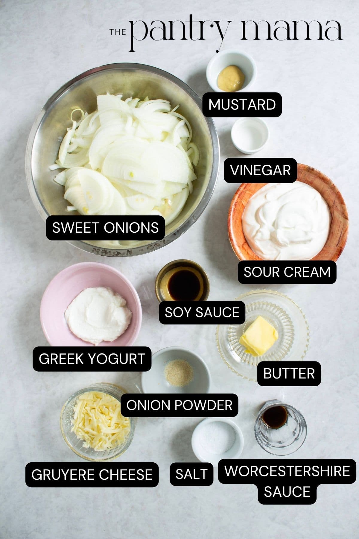 Labeled ingredients to make caramelized French onion dip.