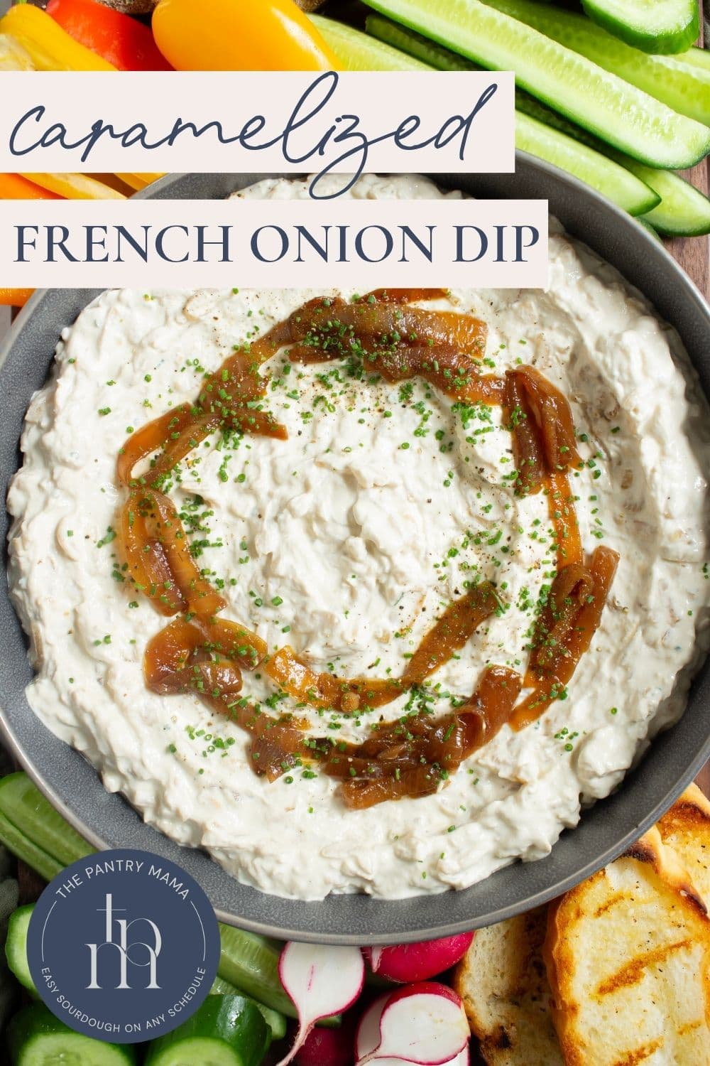 Caramelized French onion dip surrounded by fresh vegetables and toasted bread, with text reading “Caramelized French Onion Dip.”