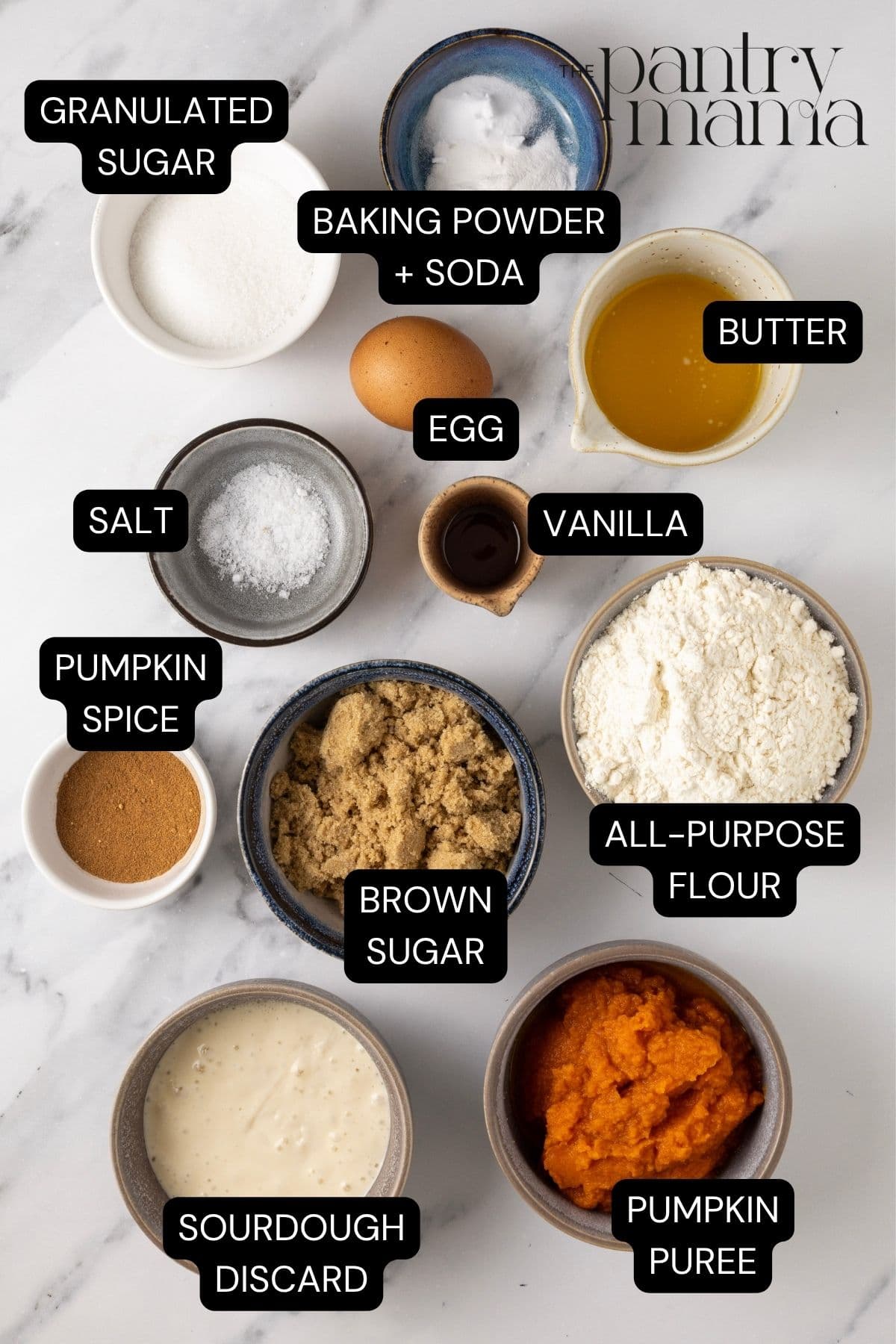A flat lay of ingredients necessary to make sourdough discard pumpkin donuts.