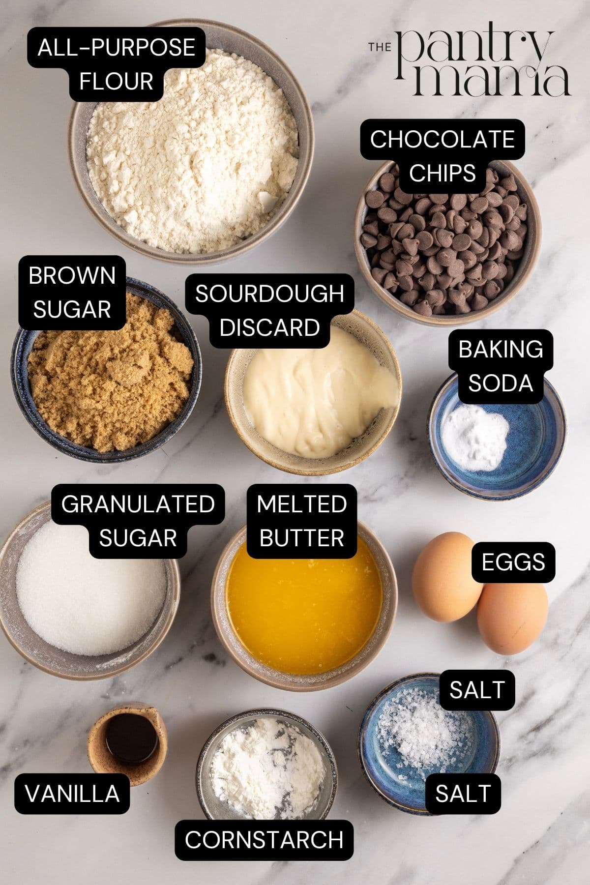 Flat lay image of ingredients necessary to make sourdough discard chocolate chip cookies.