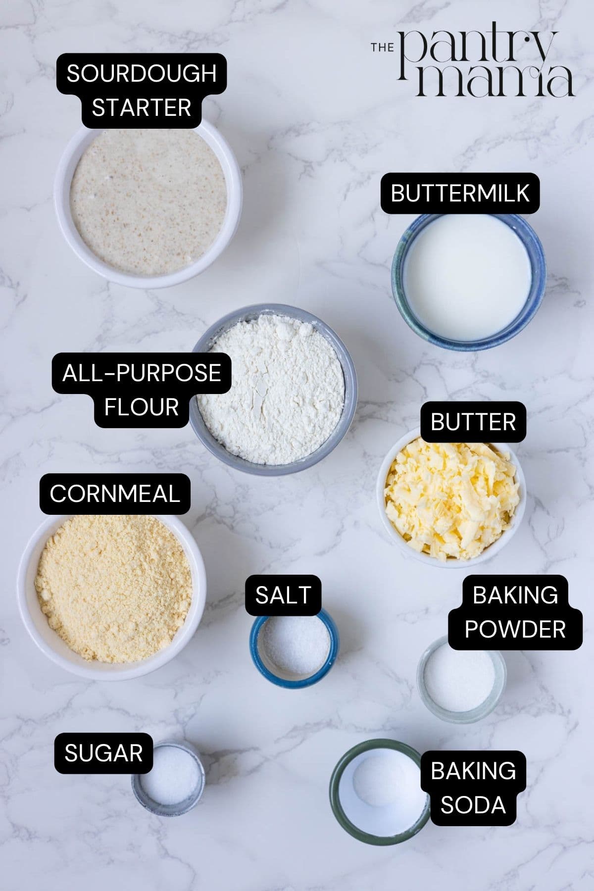 Flat lay of ingredients necessary to create sourdough cornbread biscuits.