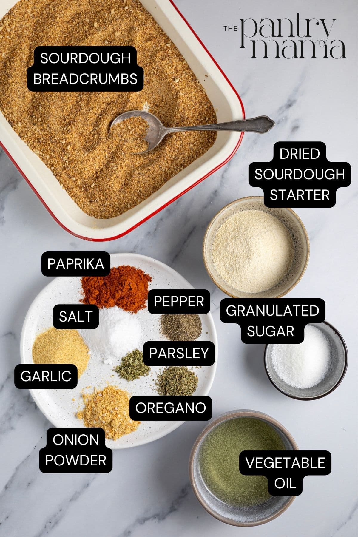 A flat lay image of ingredients used to make sourdough shake and bake.