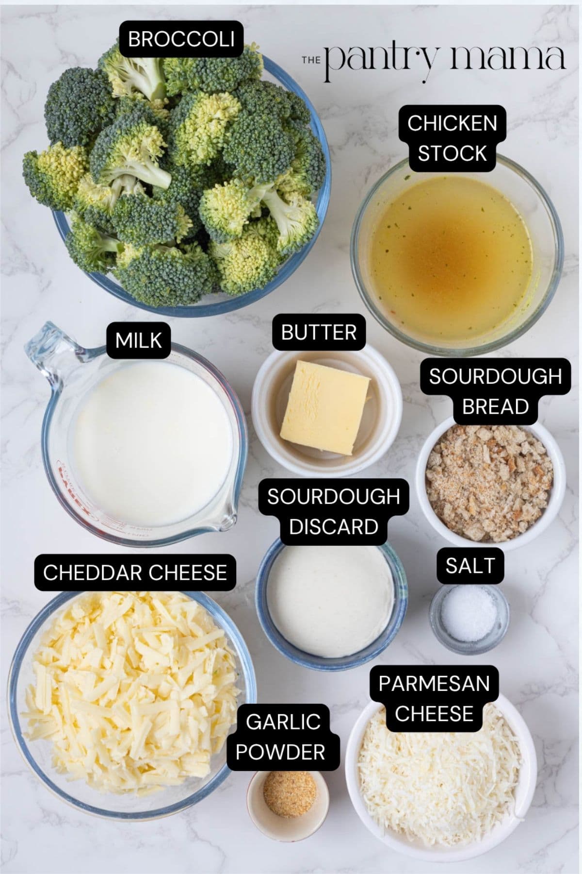 Labeled ingredients to make sourdough broccoli casserole.