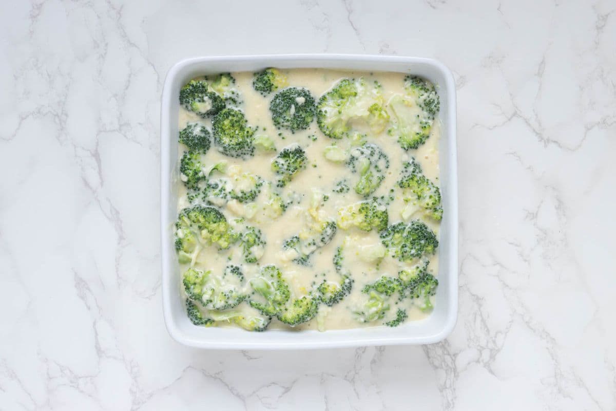 Broccoli florets coated in creamy cheese sauce in a baking dish before adding the sourdough breadcrumb topping.