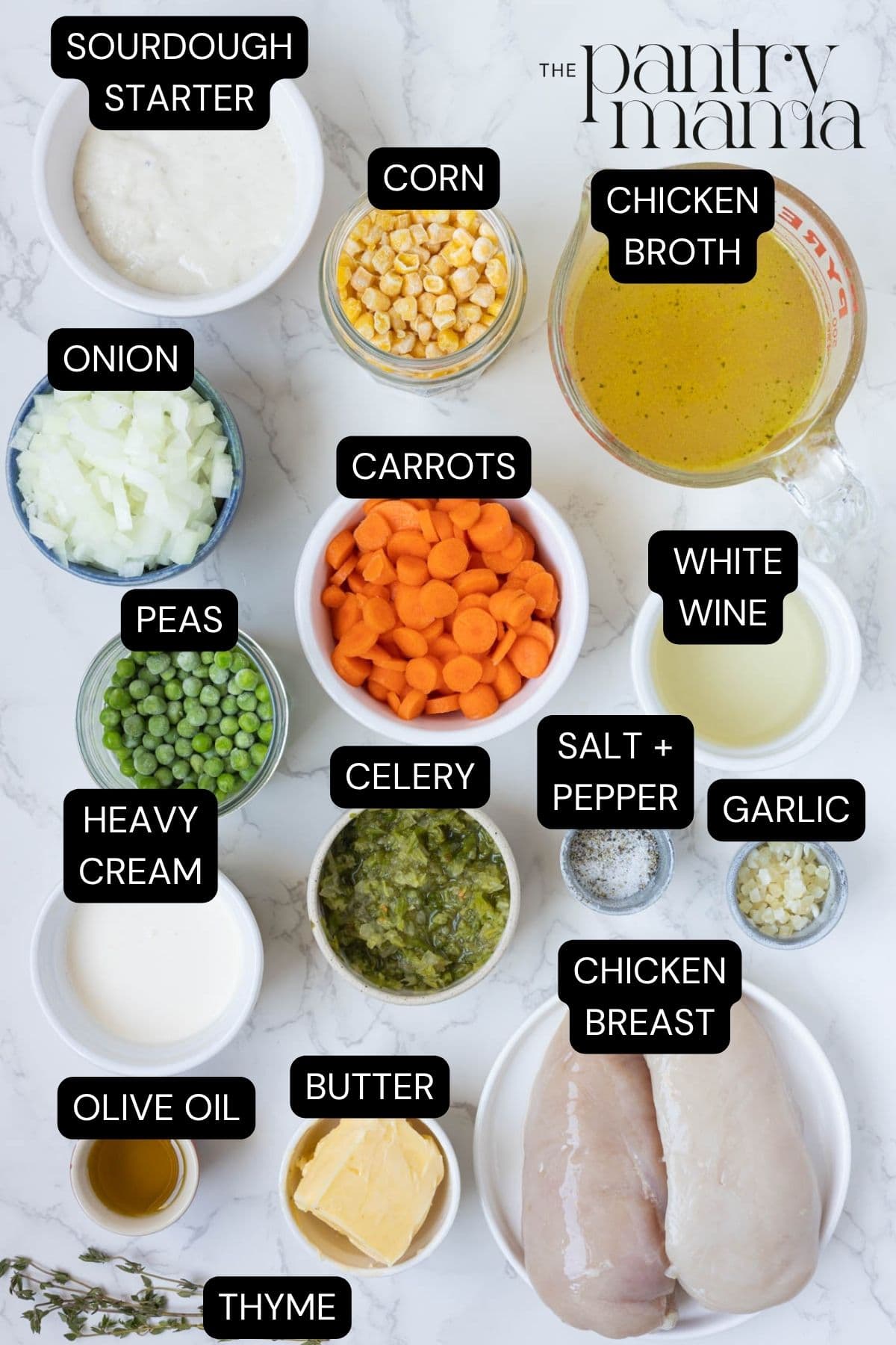 Flat lay of ingredients used to make sourdough chicken pot pie soup.