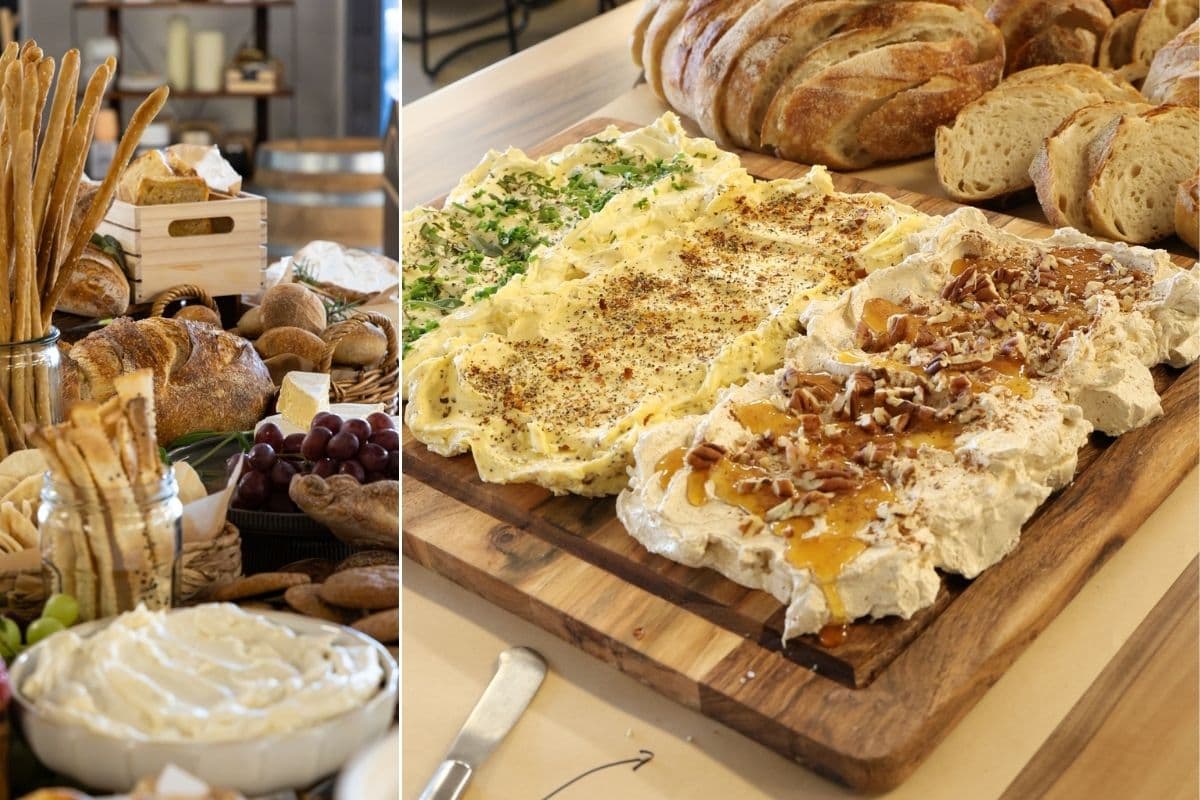 An image showing the food served at the book launch including a close up of the whipped ricotta dip and parchment crackers and the butter board created by Kate for the evening.
