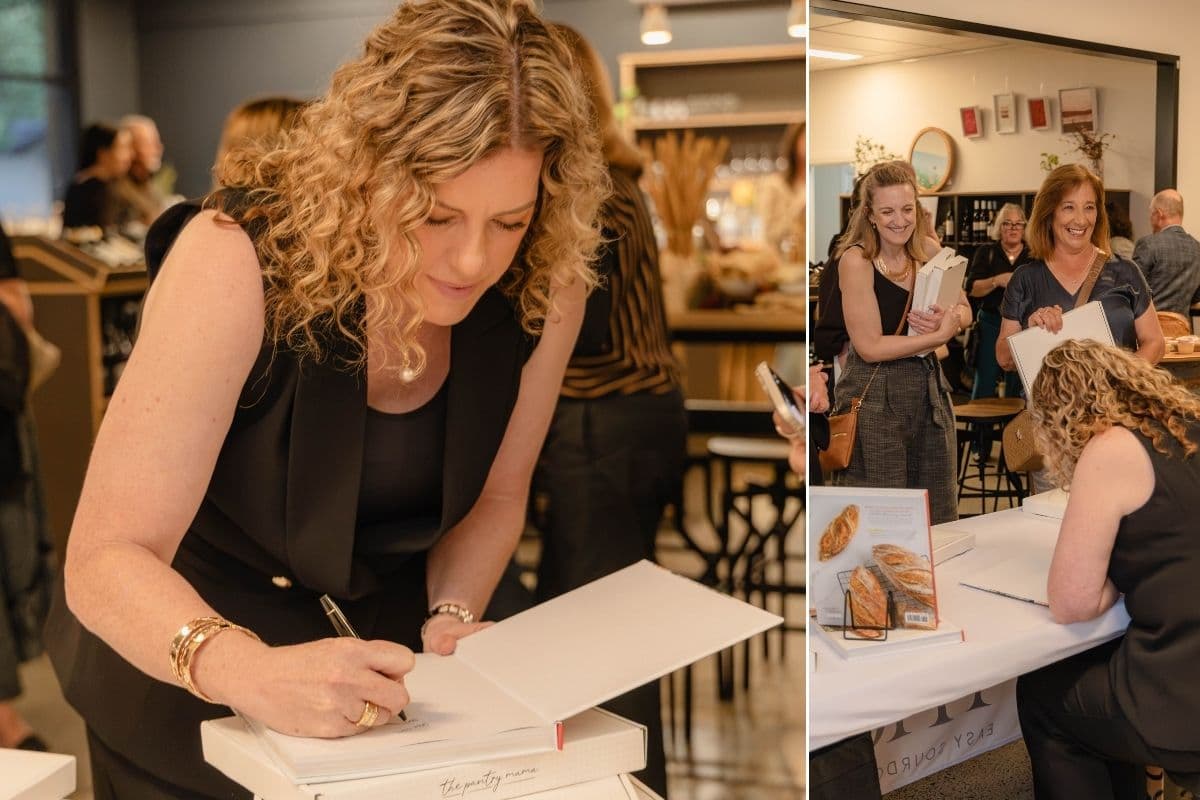 A split image. The image on the left shows Kate Freebairn from The Pantry Mama signing a copy of her book and the photo on the right shows Kate signing a book with some of her readers smiling while standing in front of her.