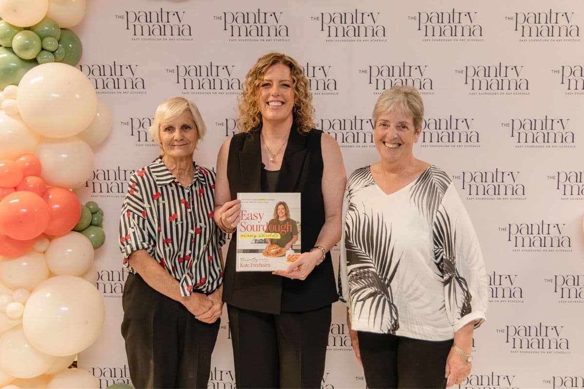An image showing Ruth Campbell-Hicks, Kate Freebairn and Michelle Campbell at the official launch of Easy Sourdough On Any Schedule.
