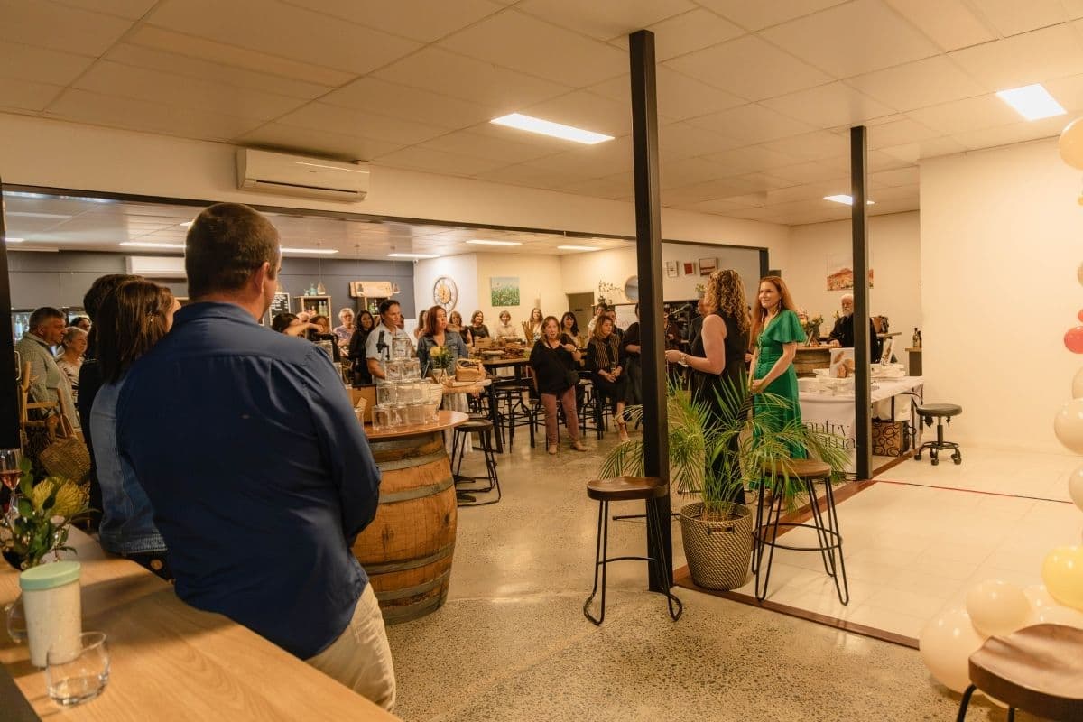 A photo of the whole room at the official book launch of Easy Sourdough On Any Schedule.