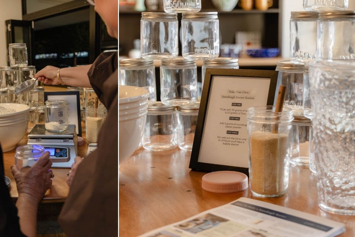 Two images showing the sourdough starter station created for the official book launch of Easy Sourdough on Any Schedule.